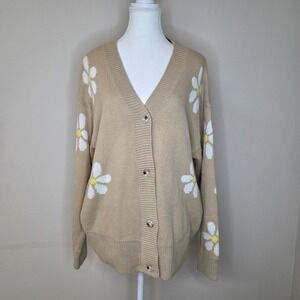 Miss‎ Sparkling Tan Daisy Cardigan Floral Knit Sweater Cottagecore Women's XL